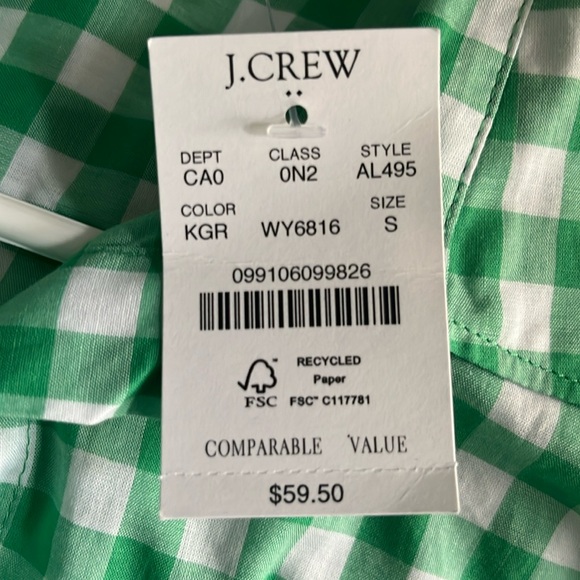 J Crew Long Sleeve Green & White check blouse. NWT. J Crew, Small. - Picture 5 of 7